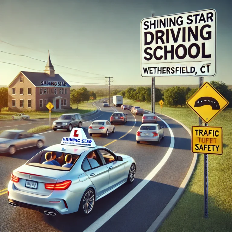 DALL·E 2024-12-17 18.32.48 - An image of a professional driving school in Wethersfield, CT, featuring a modern car driving on a road with a clear sky, and a sign with 'Shining Sta